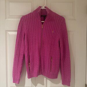 Lauren Ralph Lauren pink able knit gold zip up jacket size medium